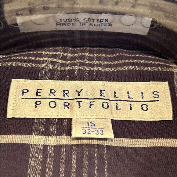 Perry Ellis Portfolio Button Up Blue Plaid Shirt 100% Cotton 15 32/33 - Picture 3 of 3